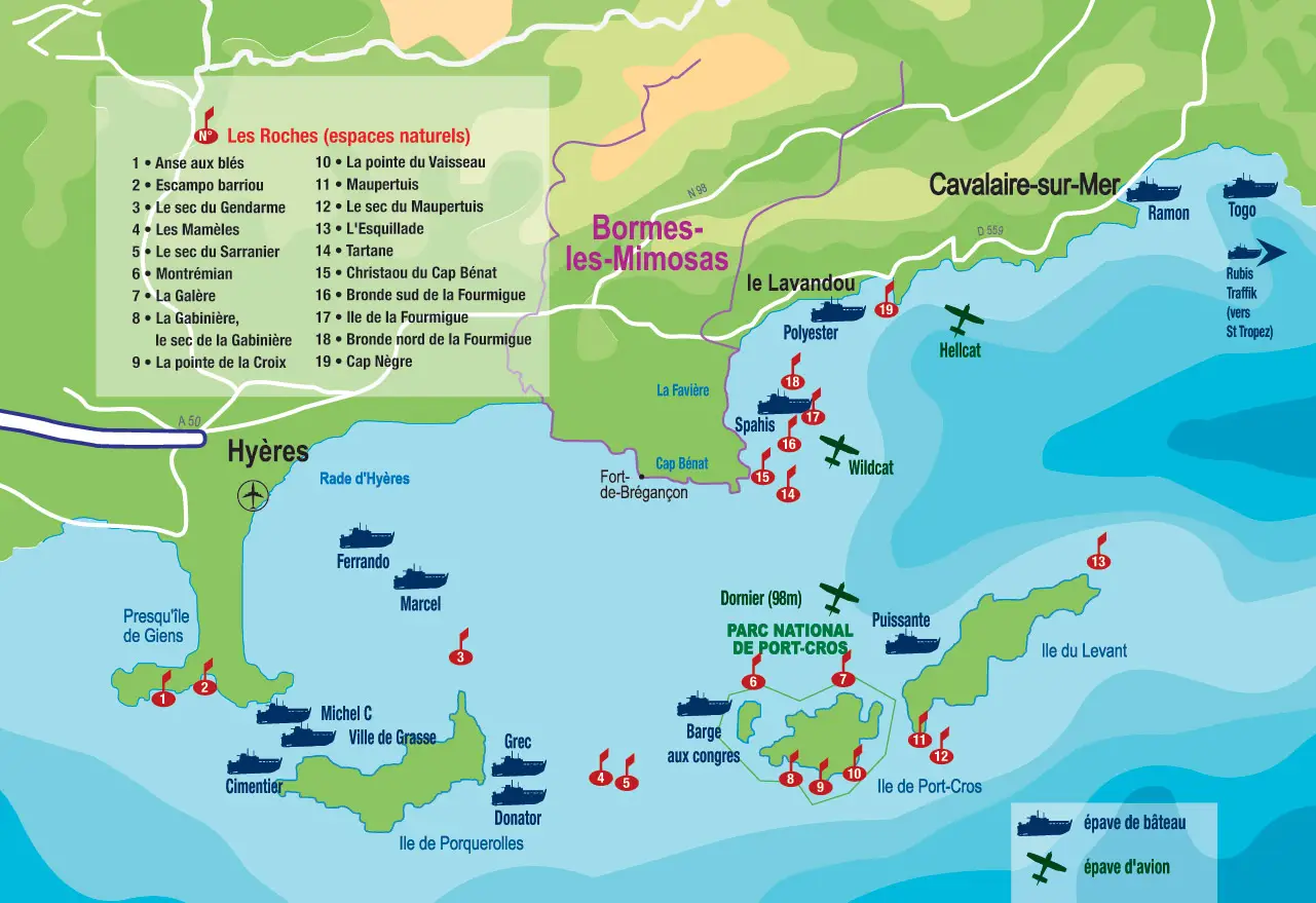 Carte des sites de plongées accessible avec aquabormes